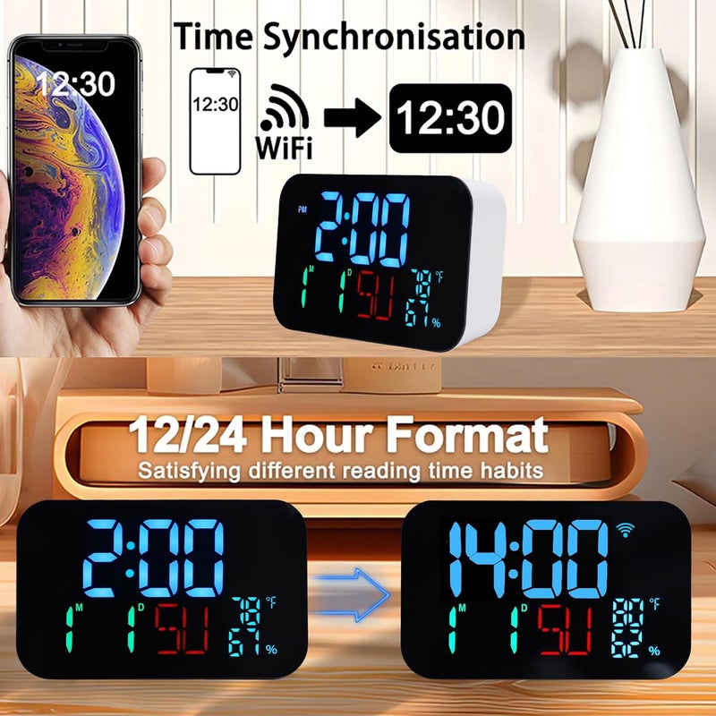 Luocute WiFi Smart Clock, Weather Station Alarm Date Day Large Display Brightness Adjustable Thermometer Humidity Digital Clock Compatible with Tuya Smart App, for Home Office (White Shell- Blue - Image 3